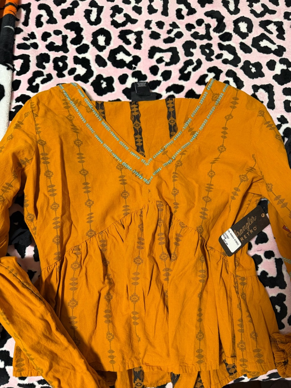 Wrangler Retro Mustard Embroidered V-Neck Peasant Tunic